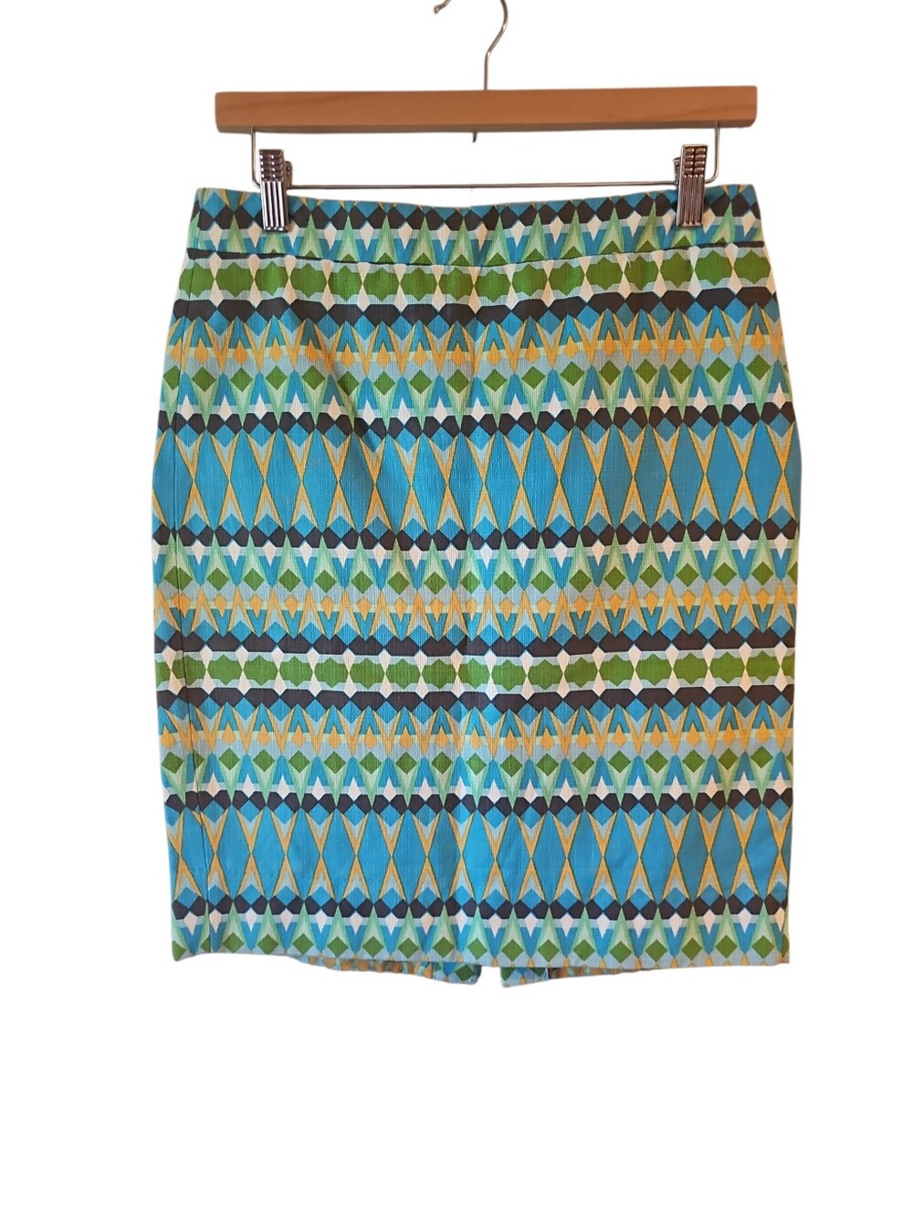 J. Crew Turquoise and Green Geometric Pencil Skirt Cotton Sz 2 WSK34 - Picture 2 of 5